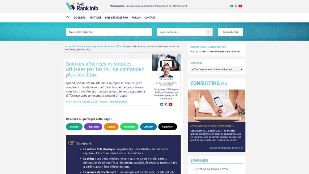 Ne pas confondre "sources affichées" et "sources réellement utilisées" par les IA sur Webrankinfo.com