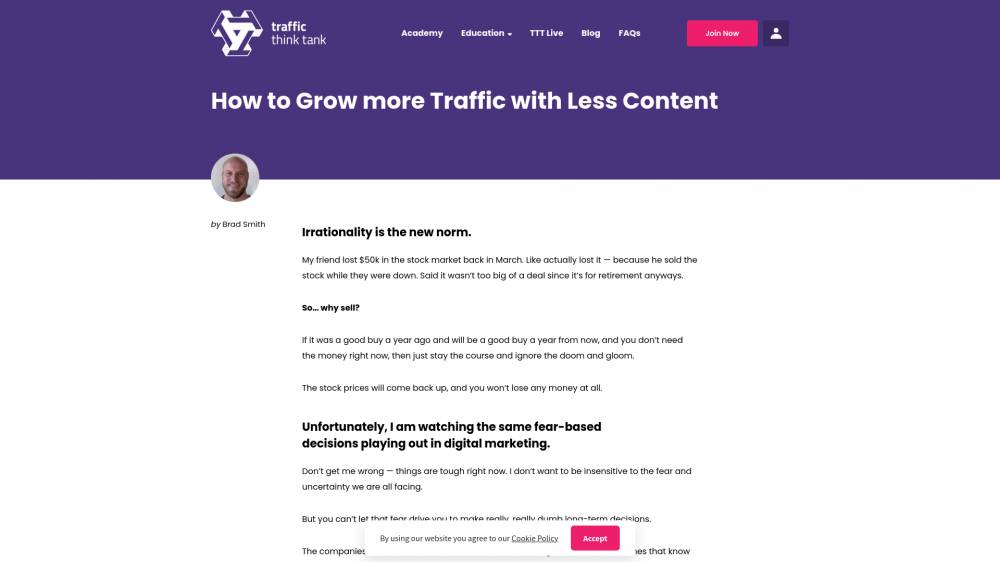 Plus de trafic avec moins de contenu sur TrafficThinkTank.com