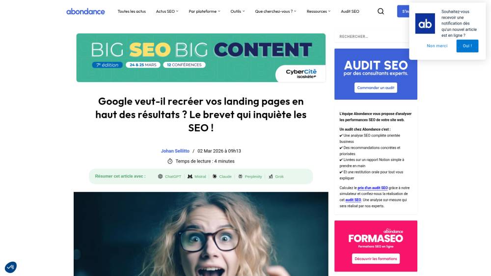 Brevet Google : des landing pages IA retravaillées à partir de  vos pages ? sur Abondance.com