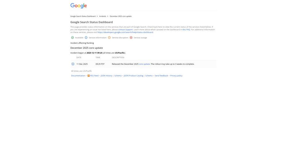 Google : Core Update de décembre sur Status.search.google.com