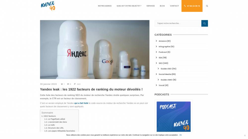Fuite des critères de classement chez Yandex sur Agence90.fr