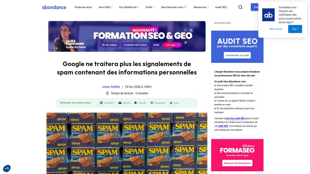 Google ne traitera plus les spam reports contenant des données personnelles sur Abondance.com