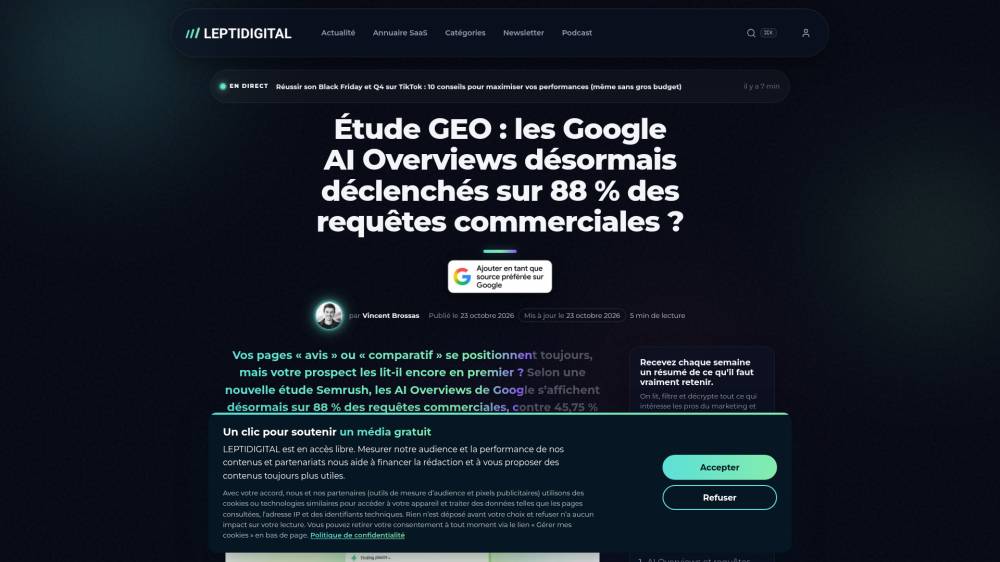 Google AI Overviews : 88 % des requêtes commerciales désormais concernées sur Leptidigital.fr