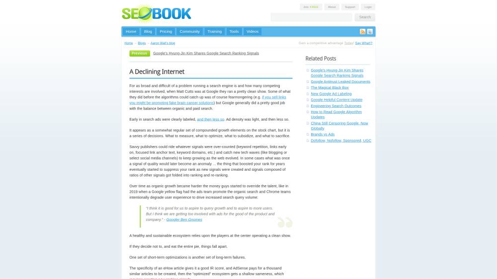 Un internet en déclin sur Seobook.com