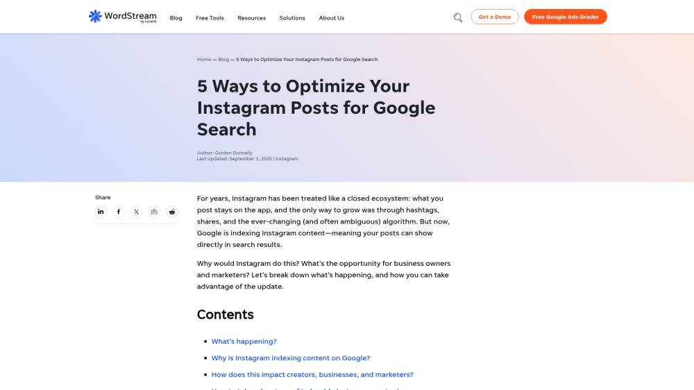 Les posts Instagram sont maintenant indexés par Google sur Wordstream.com