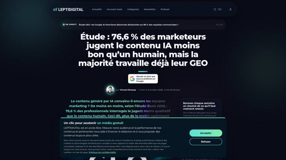 Plus de 3/4 des marketeurs jugent les contenus IA moins qualitatifs que les contenus humains sur Leptidigital.fr