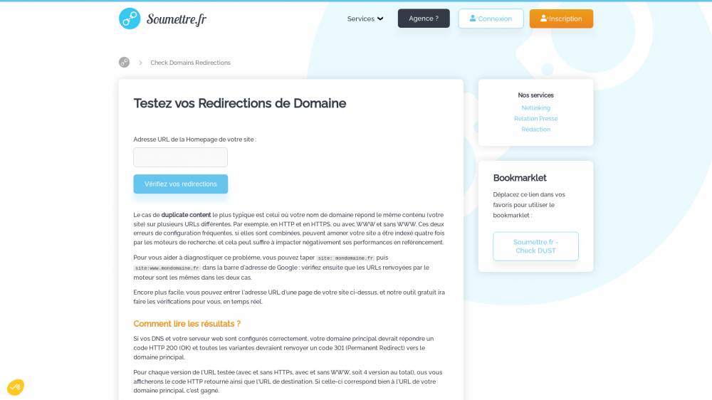 Outil pour vérifier vos redirections de domaine sur Soumettre.fr
