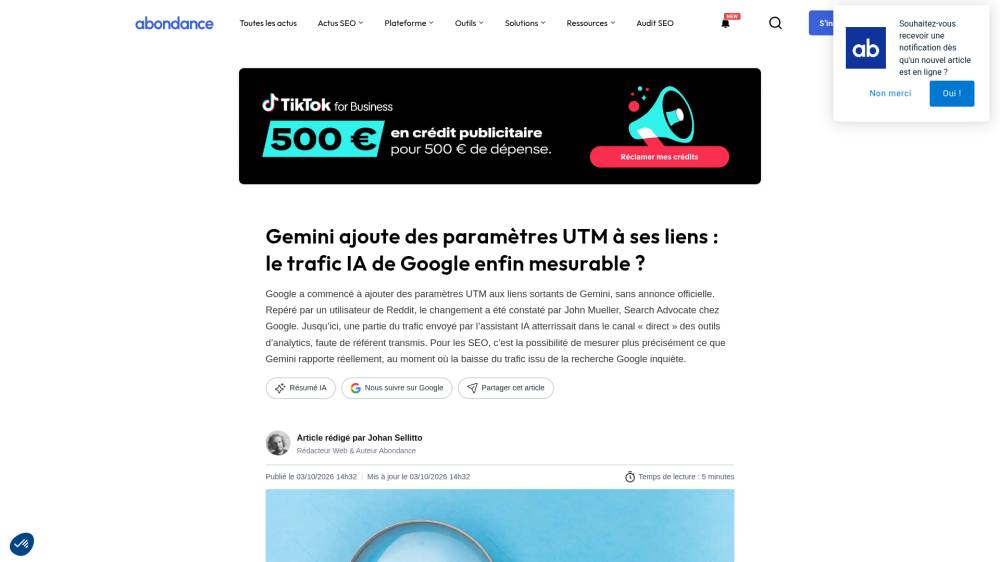 Gemini ajoute des UTM à ses liens sur Abondance.com