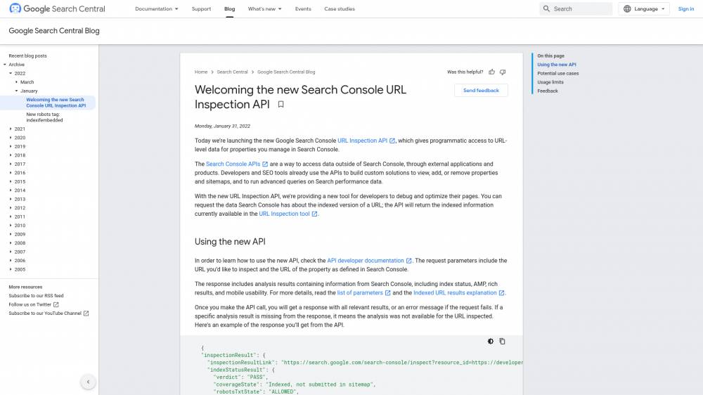 Google publie son URL Inspection API sur Developers.google.com