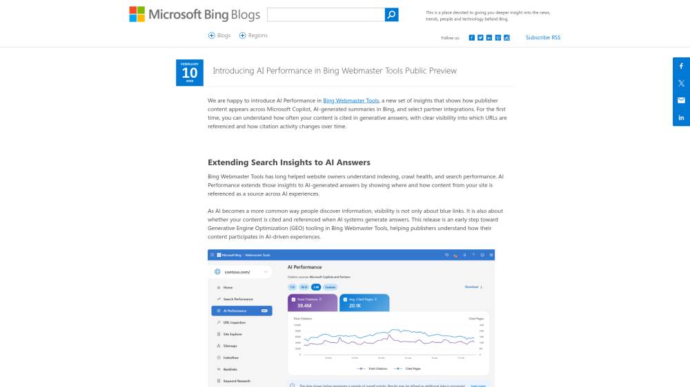 Bing Webmaster Tools : arrivée de l'AI Performance sur Blogs.bing.com