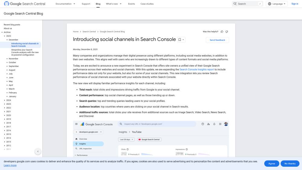 Search Console et Social Channels sur Developers.google.com
