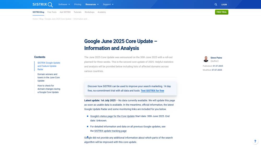 Core update : pré-analyse par Sistrix sur Sistrix.com