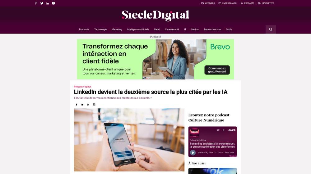 GEO : LinkedIn devient la 2e source la plus citée par les IA ! sur Siecledigital.fr