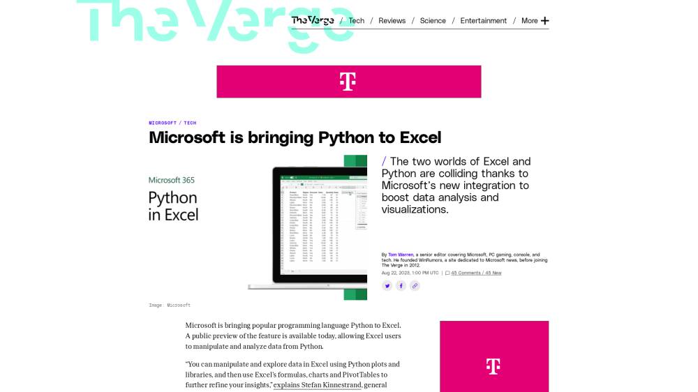 Excel supporte le Python sur TheVerge.com