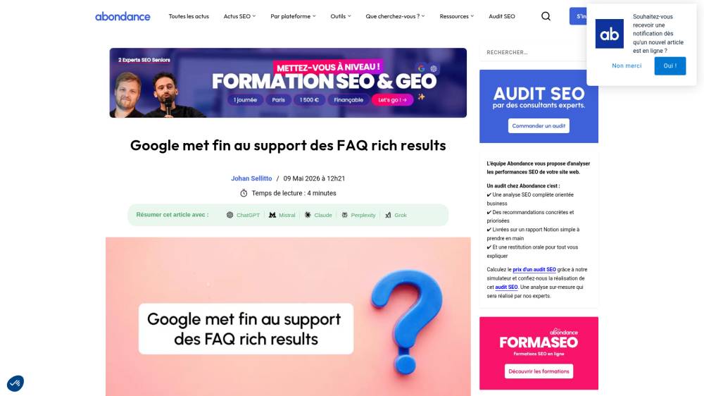 Google enterre définitivement les FAQ rich results sur Abondance.com