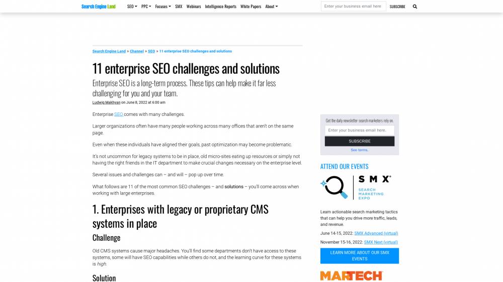 11 problèmes de SEO en entreprise, et leurs solutions sur SearchEngineLand.com