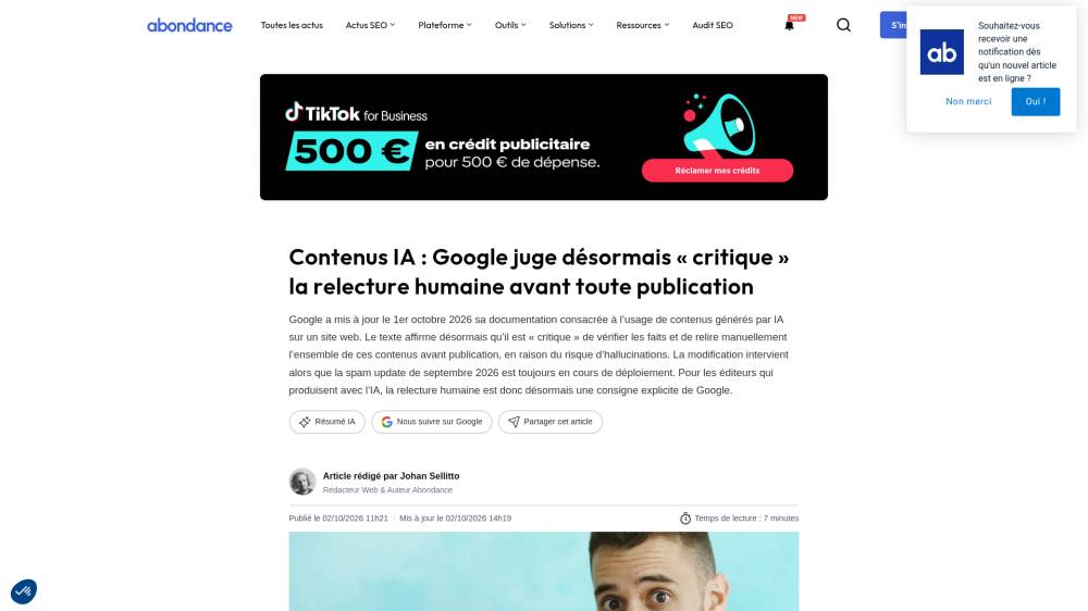 Google exige désormais une relecture humaine des contenus générés par IA sur Abondance.com