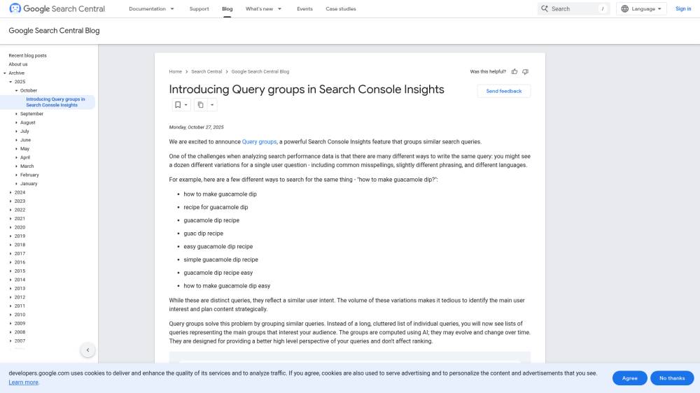 Search Console Insights : les groupes de requêtes sur Developers.google.com