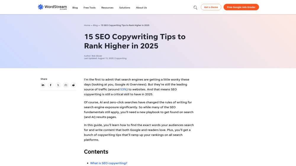 Contenu : 15 conseils de copywriting sur Wordstream.com