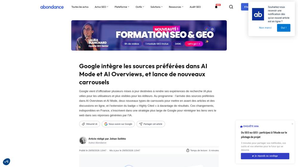 Google ajoute les "sources préférées" dans AI Mode et AI Overviews sur Abondance.com