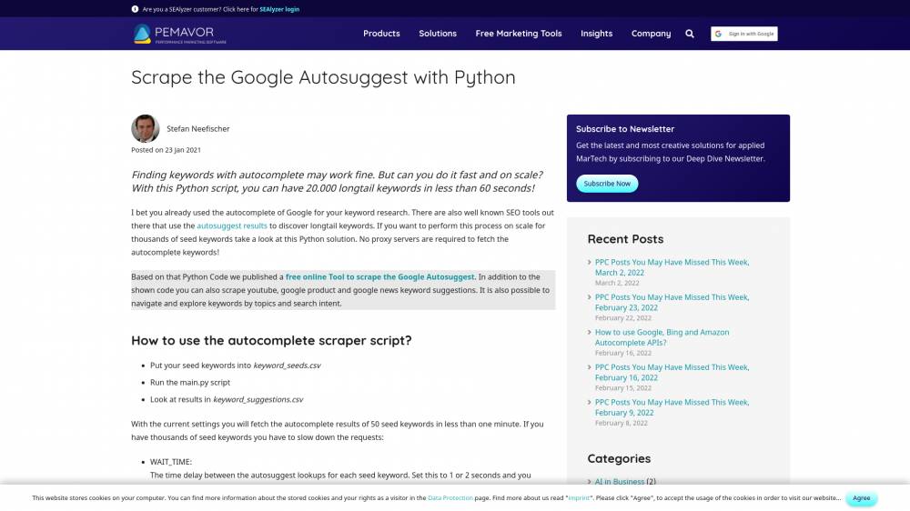 Scrapez les suggestions de recherche sur Google avec Python. N'ayez pas peur, le script est utilisable quasiment tel quel.  sur Pemavor.com