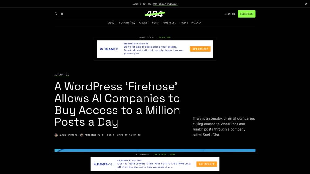 WordPress vend vos posts sur 404media.co