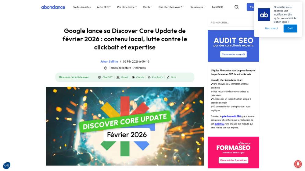 Google lance une Discover Core Update sur Abondance.com