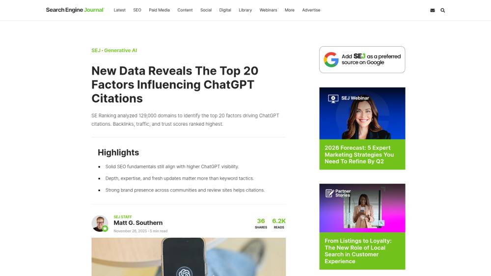 Les critères qui influencent les citations par ChatGPT sur Searchenginejournal.com