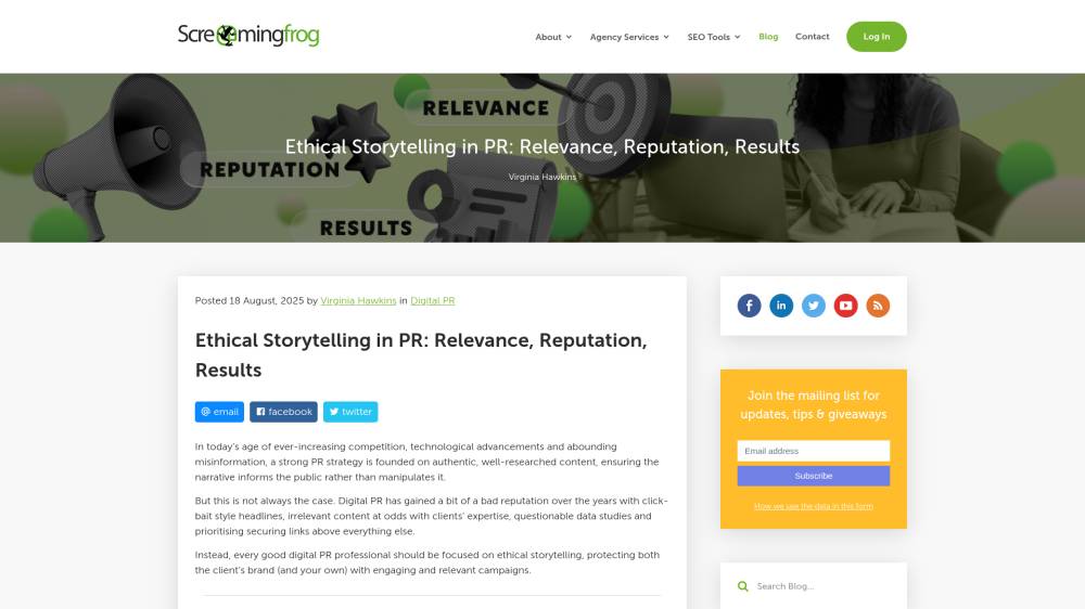 Relations presse et éthique sur Screamingfrog.co.uk