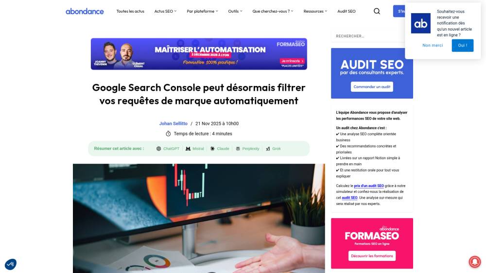 La Search Console détecte les requêtes marque sur Abondance.com