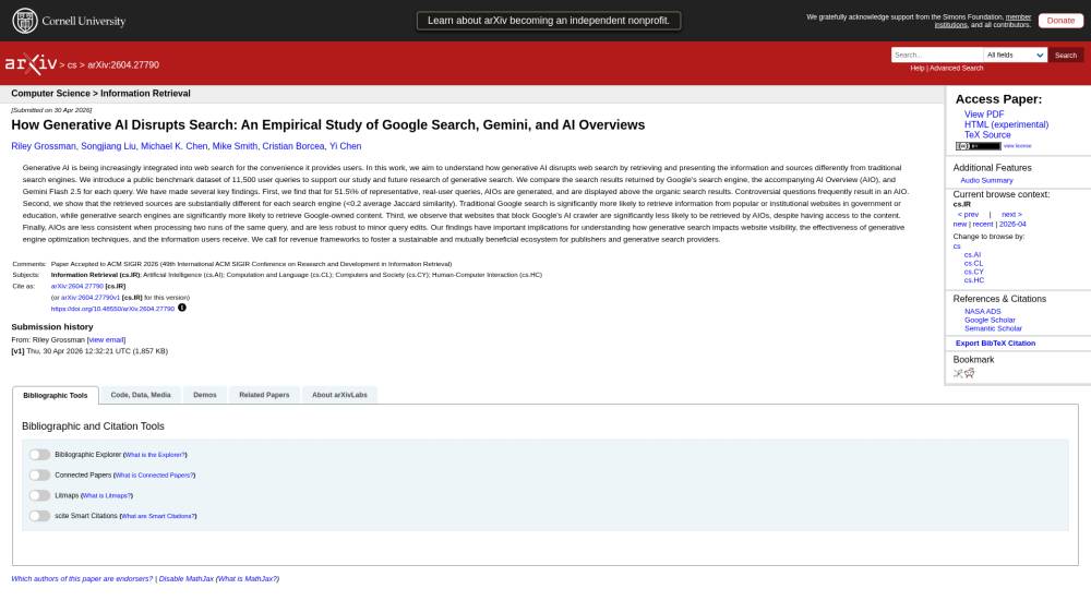 Une étude confirme l’impact massif des AI Overviews sur la visibilité web sur Arxiv.org