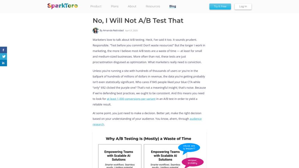 L'A/B testing, c'est la peur de décider sur Sparktoro.com