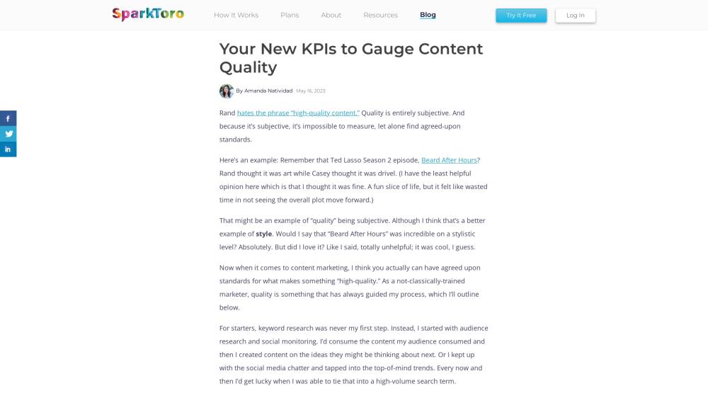 KPI pour "contenu de qualité" sur Sparktoro.com