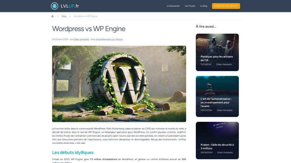 Wordpress versus WP Engine sur Lvlup.fr