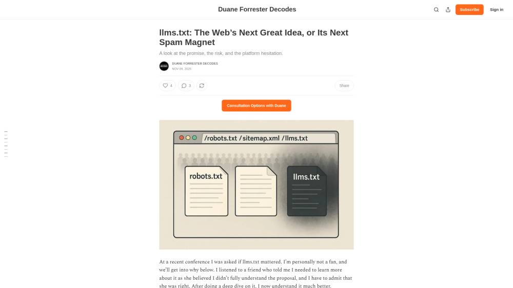 llms.txt : une fausse bonne idée ? sur Duaneforresterdecodes.substack.com