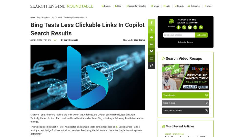 Bing teste des liens moins cliquables dans Copilot Search sur Seroundtable.com