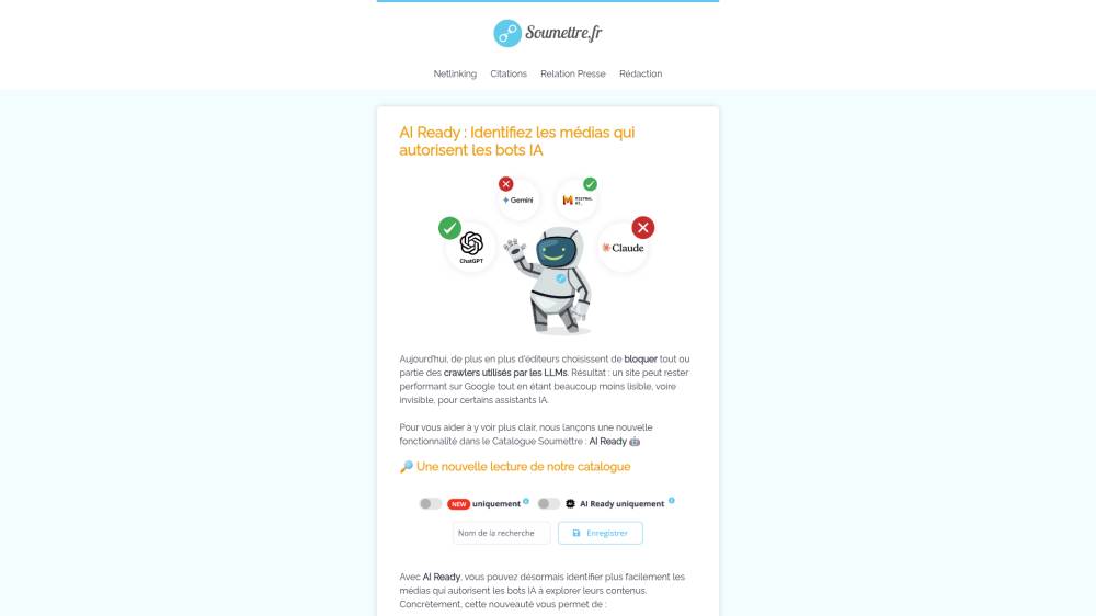 AI Ready : Identifiez les médias qui autorisent les bots IA sur Soumettre.fr
