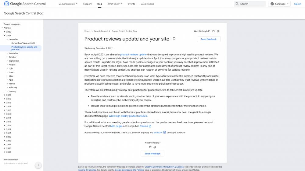 Mise à jour Google pour les Product Reviews sur Developers.google.com